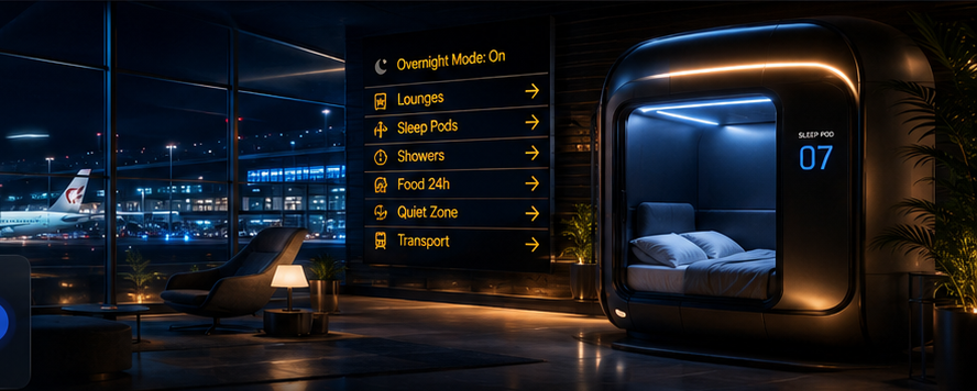 A quiet airport terminal at night with sleep pods and a glowing overnight guide board.