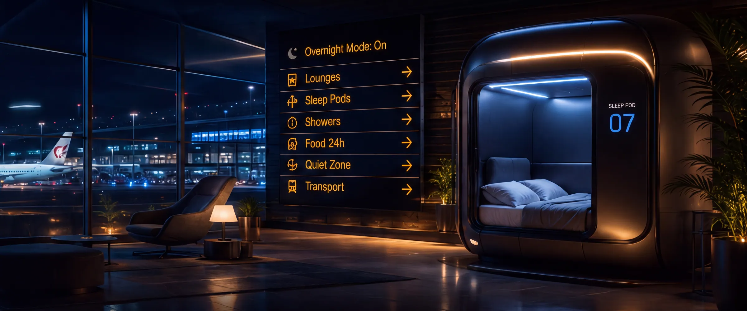 Una terminal de aeropuerto tranquila por la noche, con cápsulas para dormir y un panel iluminado de guía nocturna.